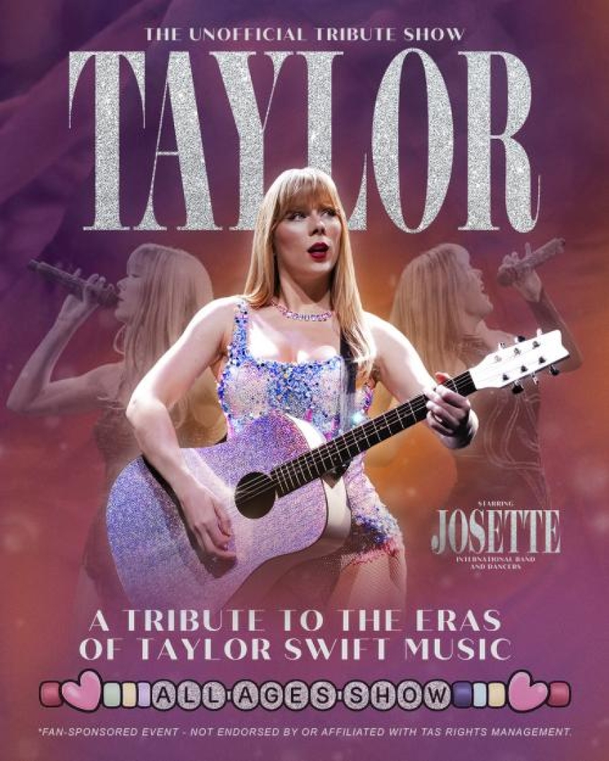 Image of Taylor Swift impersonator Josette, looking off in the distance and holding a guitar, dressed like one of Taylor Swift's iconic concert looks.