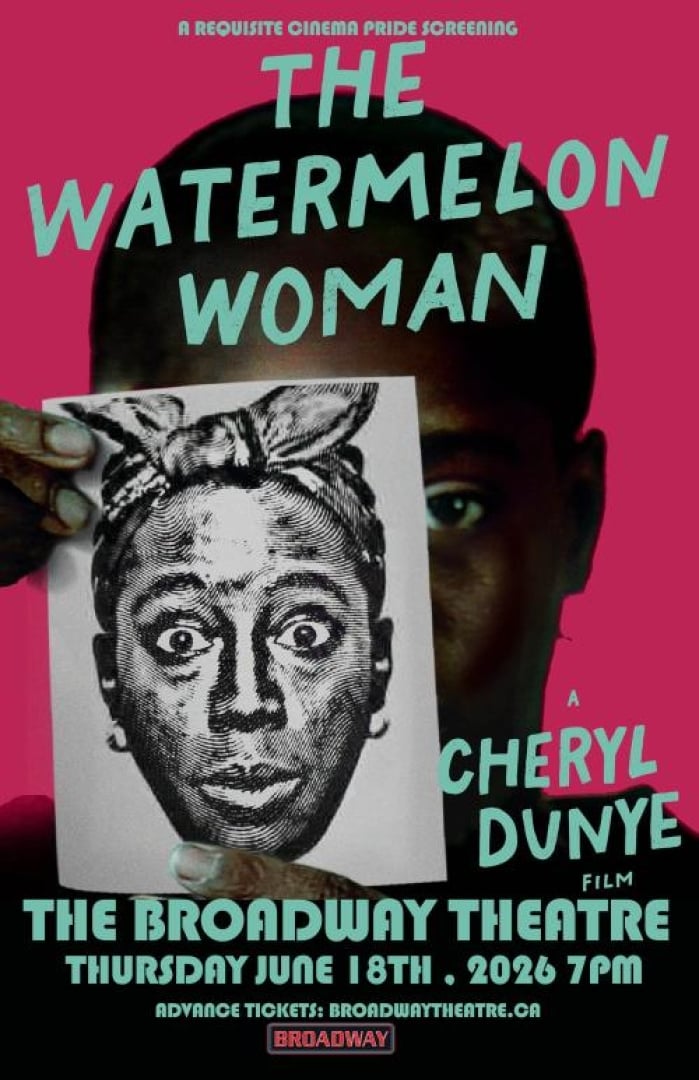 Image of a person holding up a black and white print of a Black woman with eyes wide open, hoop earrings and hair tied in a scarf.