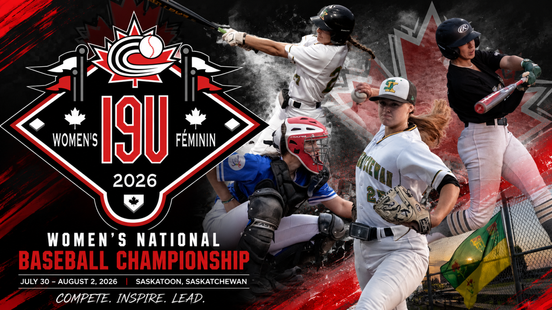 A promotional graphic for the 2026 Women’s 19U National Baseball Championship featuring the official logo, four female baseball players in action, and a Saskatchewan-themed background with the event dates and location: July 30–August 2, 2026, in Saskatoon at Cairns Field