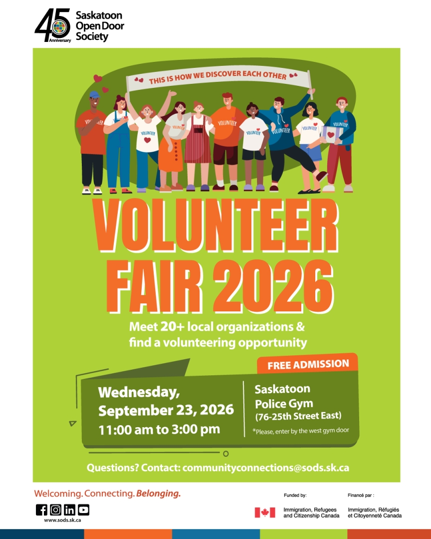 The annual Volunteer Fair, hosted by the Saskatoon Open Door Society, will feature over 20 Saskatoon-based organizations showcasing their services and promoting a wide range of volunteer opportunities.  Attendees will have the chance to explore roles that match their interests and skills in areas such as cultural diversity, nature and the environment, sports, arts and music, sustainability, newcomer support and integration, and much more.  This event is a great opportunity for anyone looking to give back to