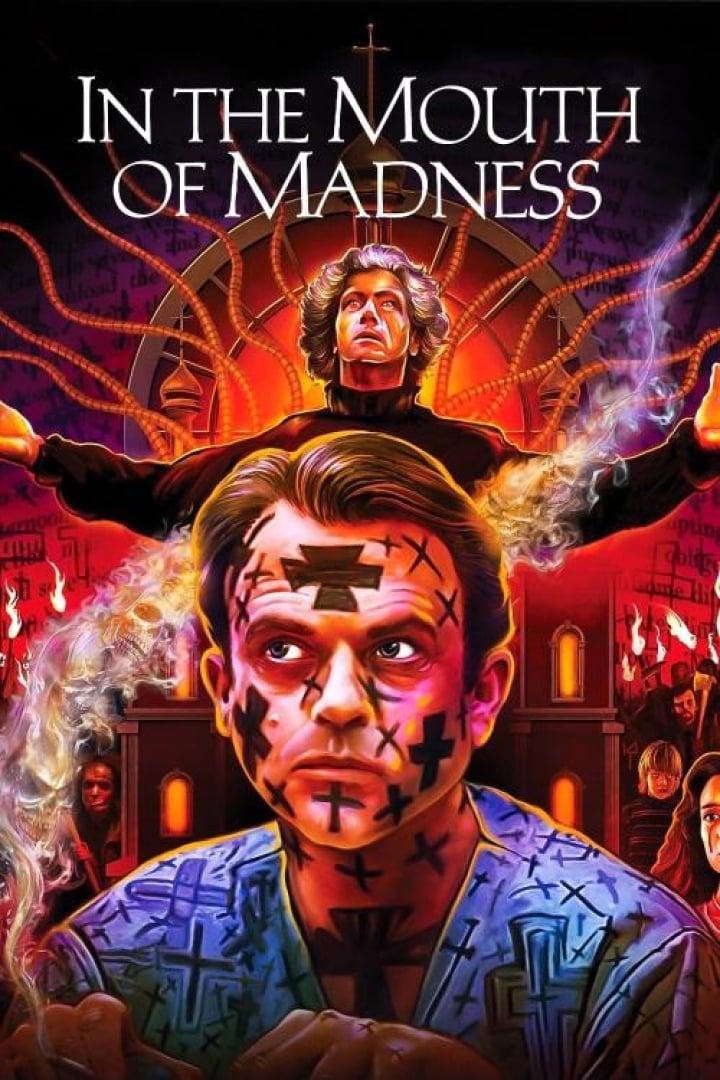 Graphic photo of Sam Neill and Jurgen Prochnow in the Mouth of Madness, in a religious manner but mixed with H.P. Lovecraft art style.
