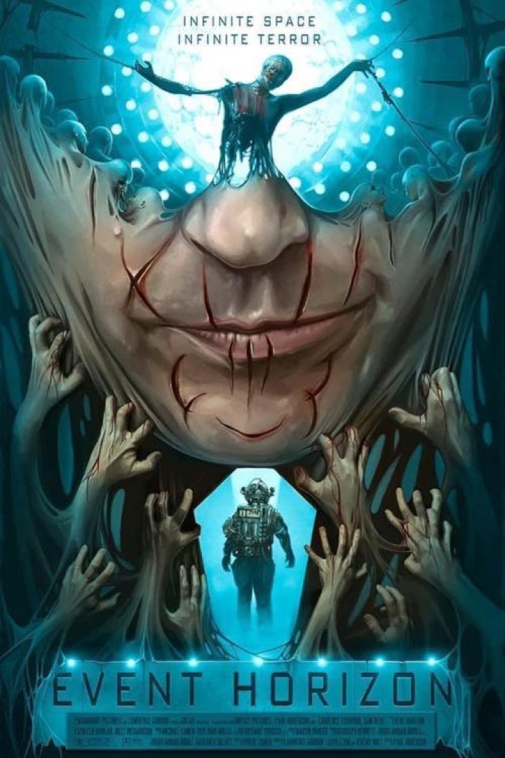 Artistic poster of the movie Event Horizon, with someone in a space suit, multiple hands grabbing at a scratched up face and someone strung up.