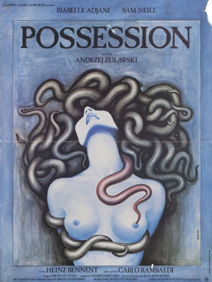 Artistic image of a naked woman with snakes all over her, hair made to look like snakes.