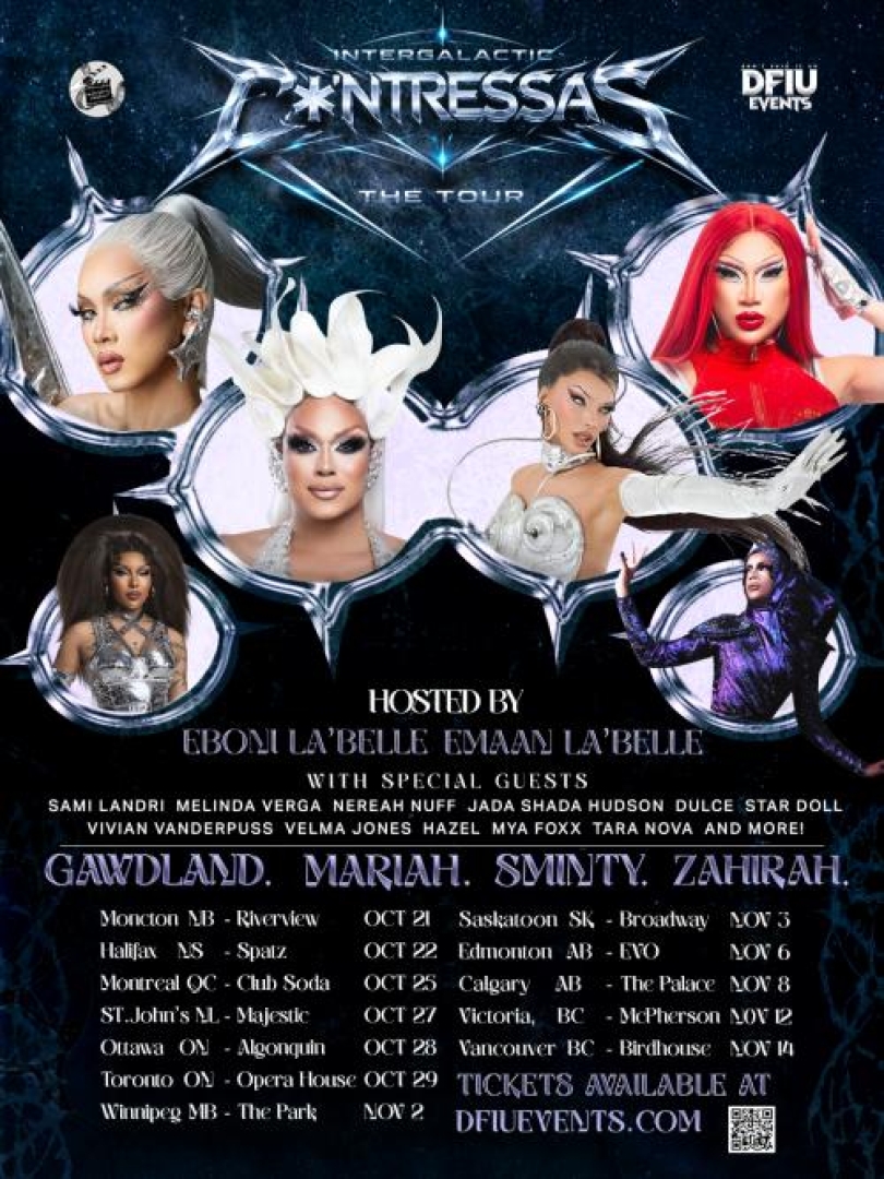 Images of multiple Drag Queens posing with text of upcoming shows and locations.