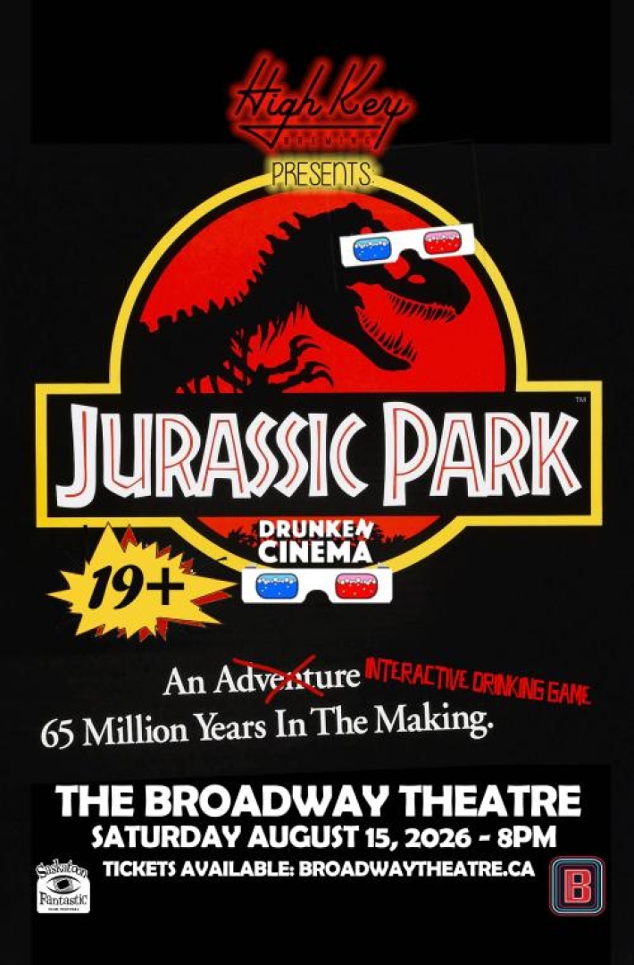 Image of the iconic Jurassic Park poster, a black outline of a T-Rex Skeleton with 3D Glasses on it.
