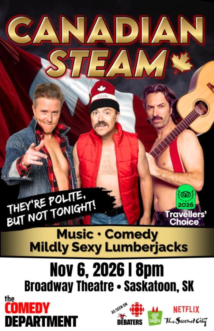 Image of three male comedians in 'canadian' garb: One in jean jacket and flannel, another in just a puffer vest and toque and last man only in red suspenders holding a guitar on his shoulder.