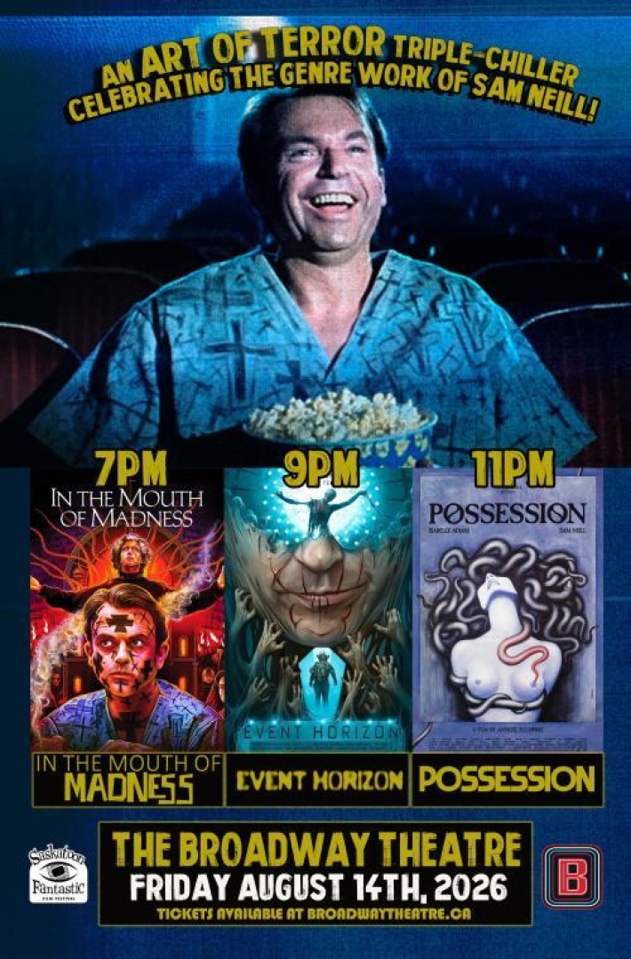 Image of Sam Neill in a theatre, a still from the movie in the Mouth of Madness, with the three movie posters of the tribute.