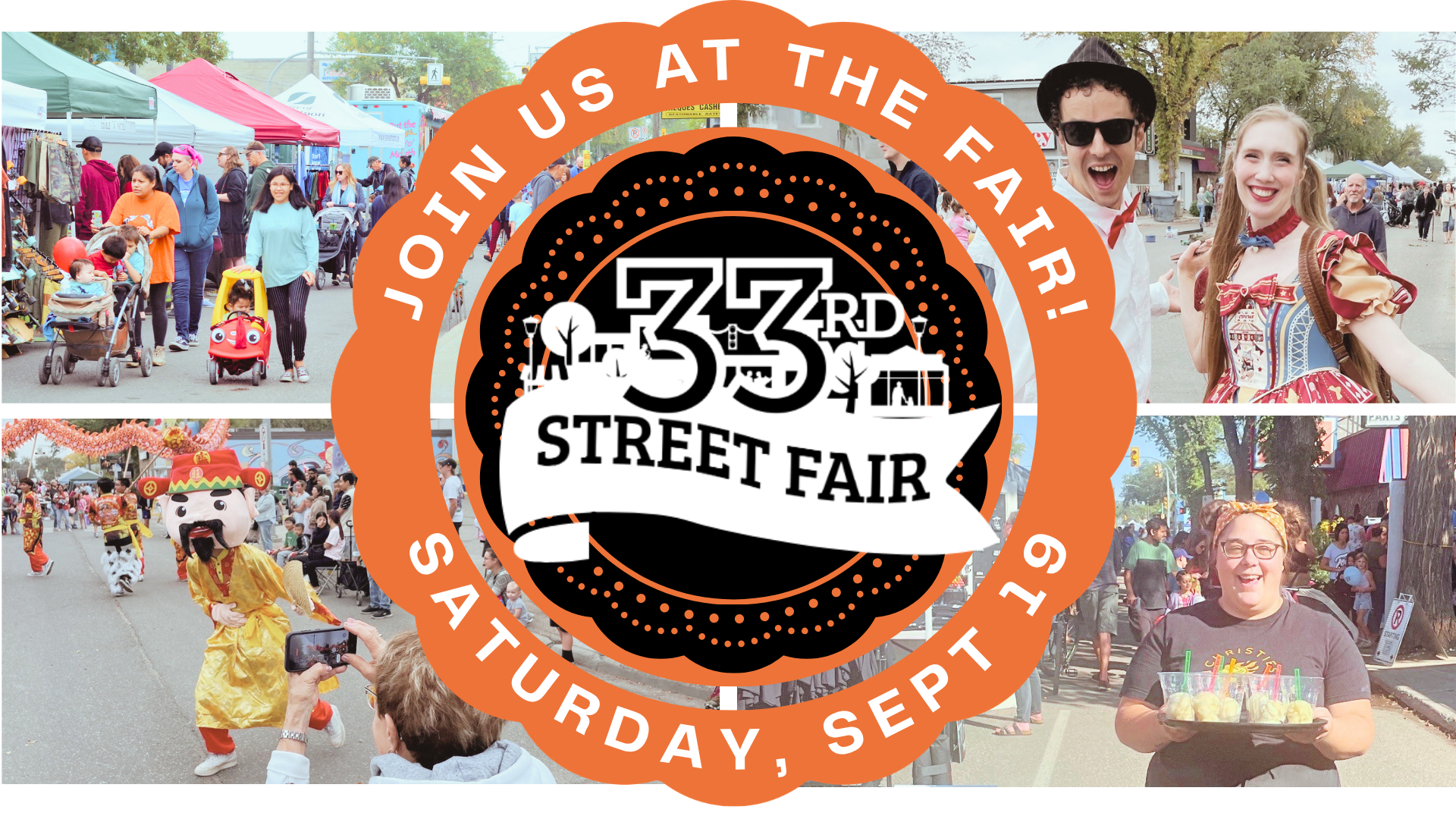 33rd Street Fair logo with 4 images of the fair, clockwise, 2 people smiling, person carrying food, person taking photo of dragon dance, people pushing strollers walking along a row of vendor tents