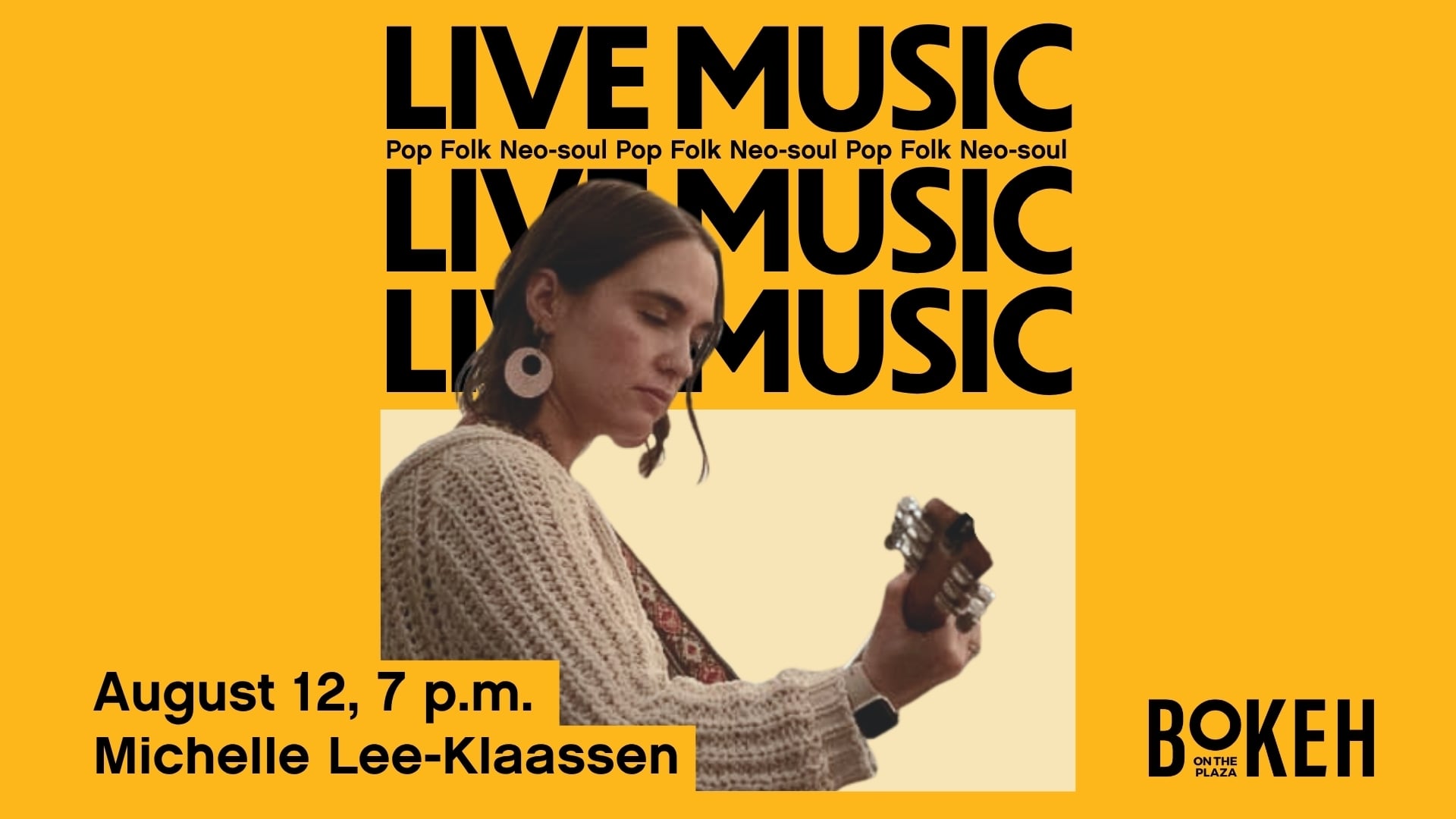 Poster for live music with Michelle Lee Klassen. Date of August 12 and time 7pm