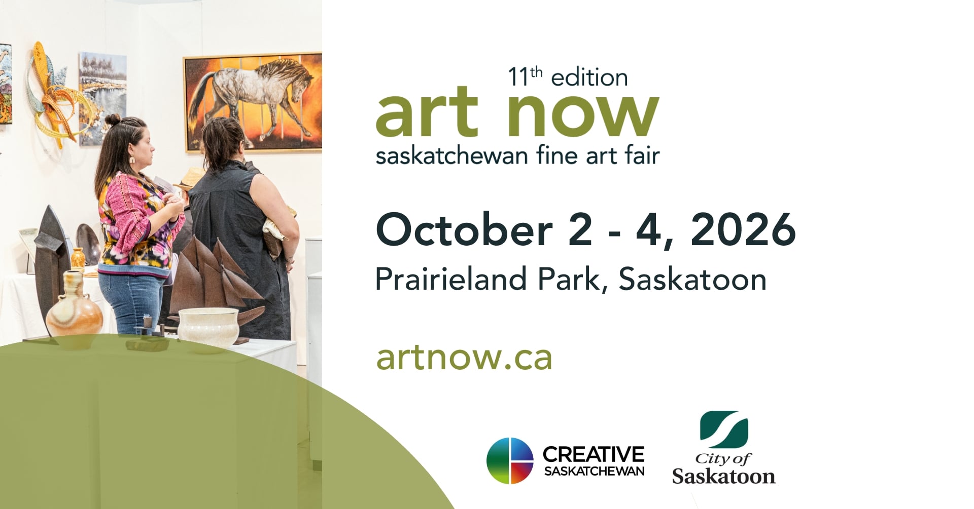 Art Now Fine Art Fair logo with event dates October 2-4, 2026 at Prairieland Park in Saskatoon, SK.
