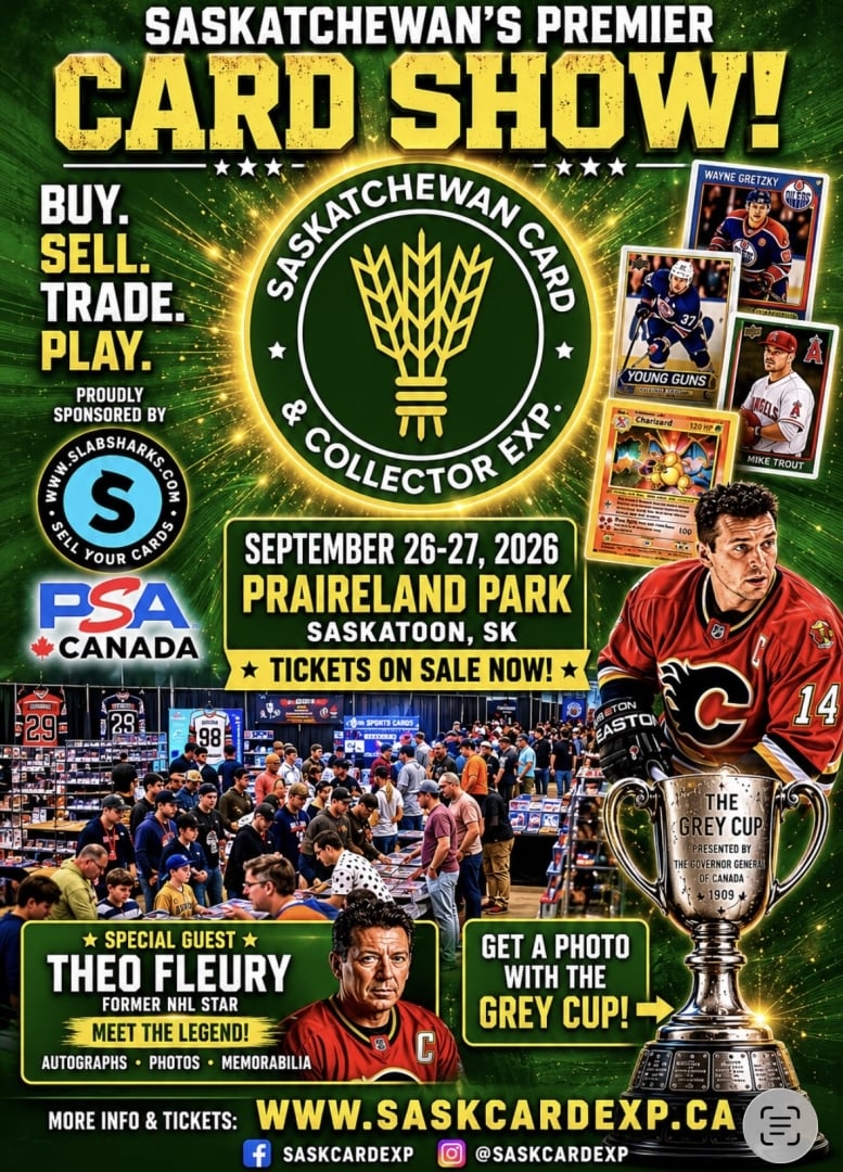Event poster describing Theo fleury signing, grey cup appearance, pokemon tournament 