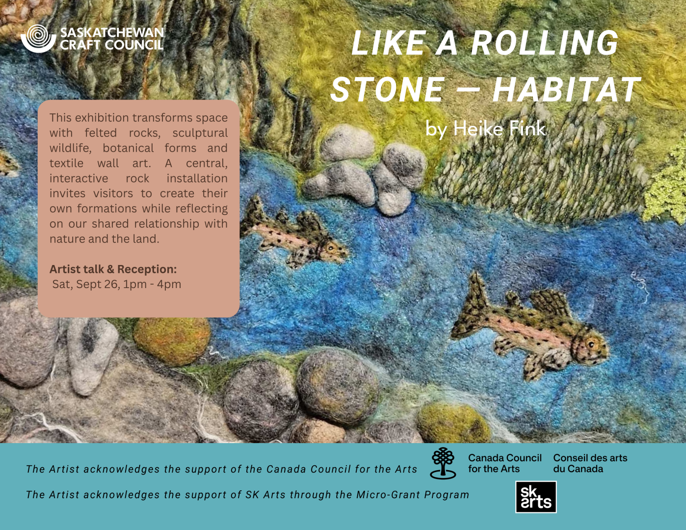 A horizontal card describing the exhibition. The background image is a felted artwork by artist Heike Fink, of salmon swimming in a river.