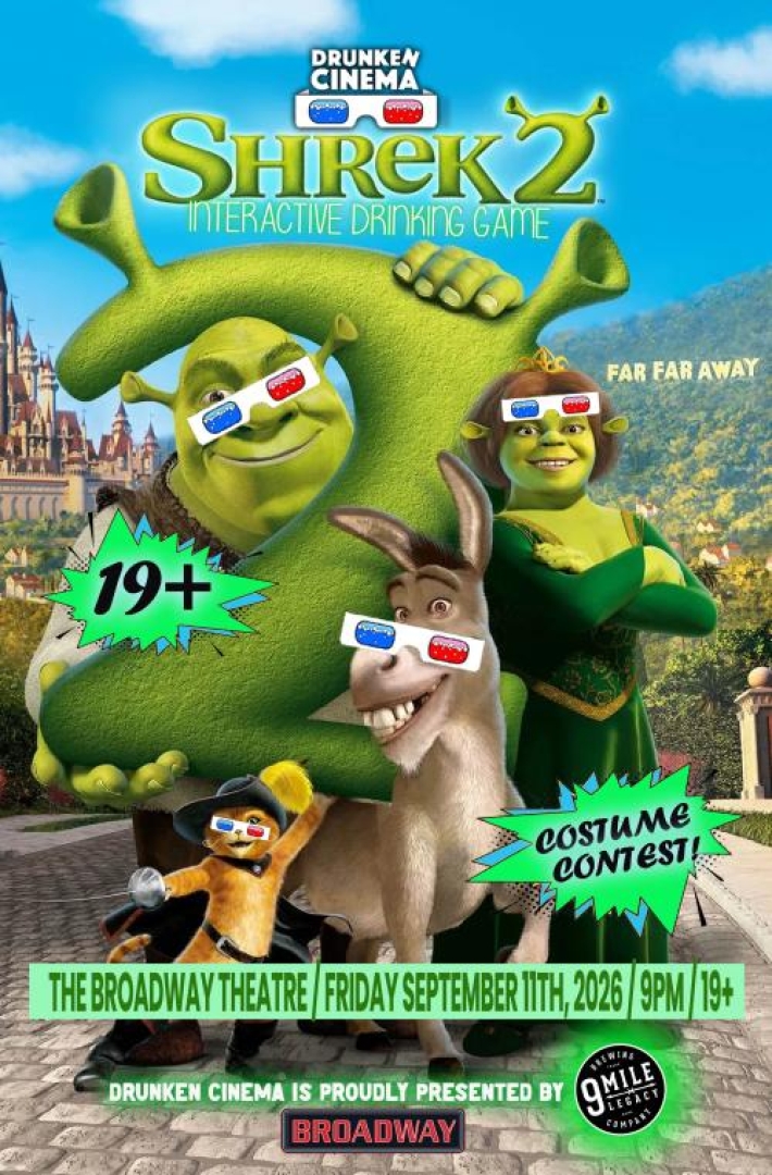 Image of the main characters of Shrek 2, including Shrek, Fiona, Puss in Boots and Donkey, all posing.
