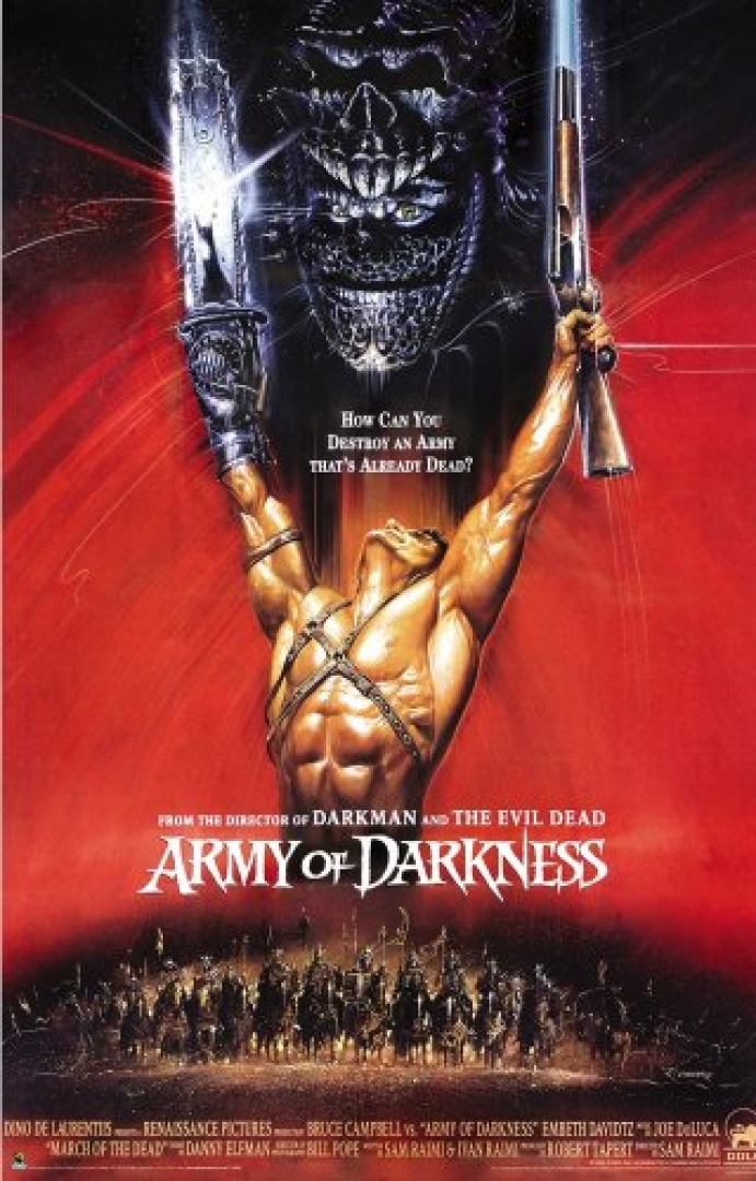 Image of a shirtless man with abbs holding up weapons and looking up, with a skull like supposedly evil entity floating above.