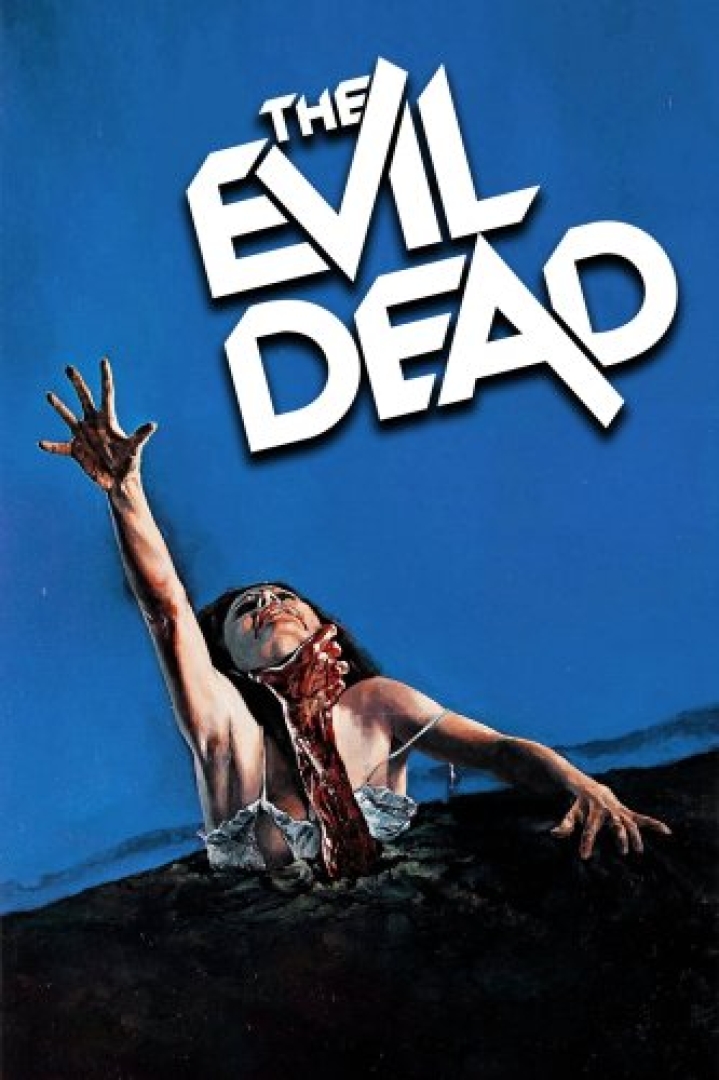 Image of a woman in a white frilly dress reaching up while majority of her body is in the ground. A bloody man is grasping her by the neck.