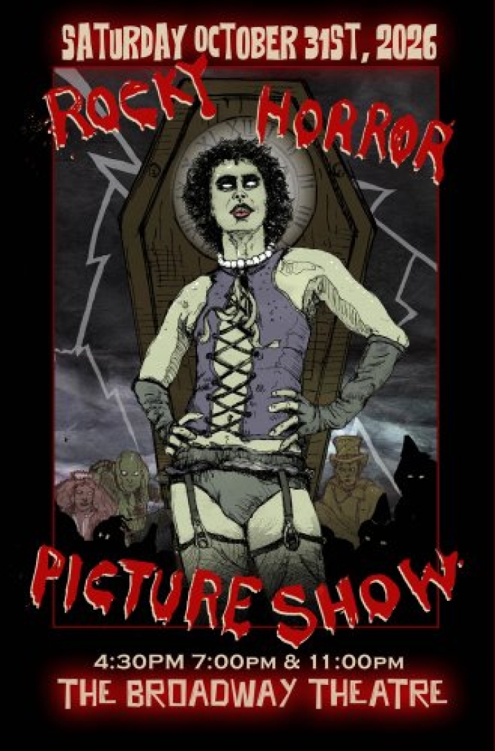 Graphic image of Tim Curry as Dr.Frank-N-Furter from Rocky Horror Picture Show, in front of the coffin clock.