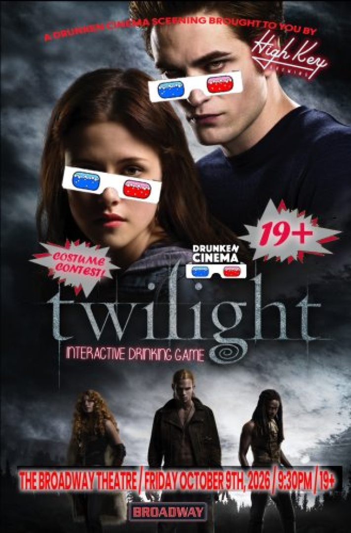 Image of the actors from the movie Twilight, with them all posing and looking intense while wearing beer googles.