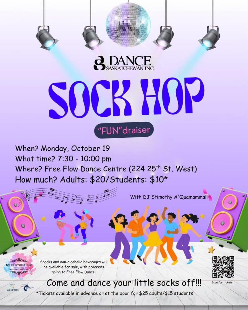 A group of people dancing surrounded by lights and music. Sock Hop FUN-draiser Oct 19, 7:30-10:00 pm
