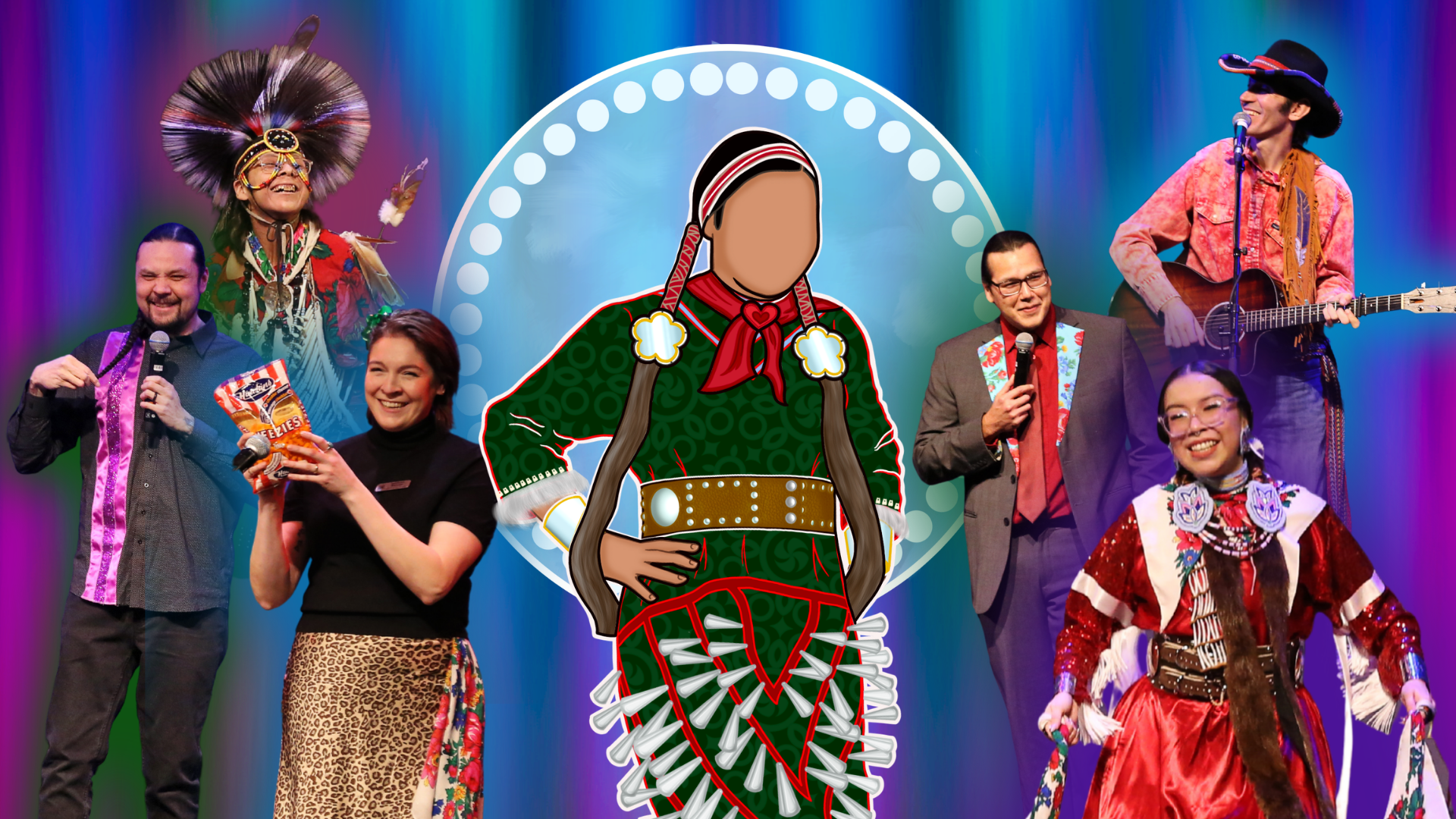 Cutouts of 2025 performers surround an illustration of a jingle dress dancer in the center.