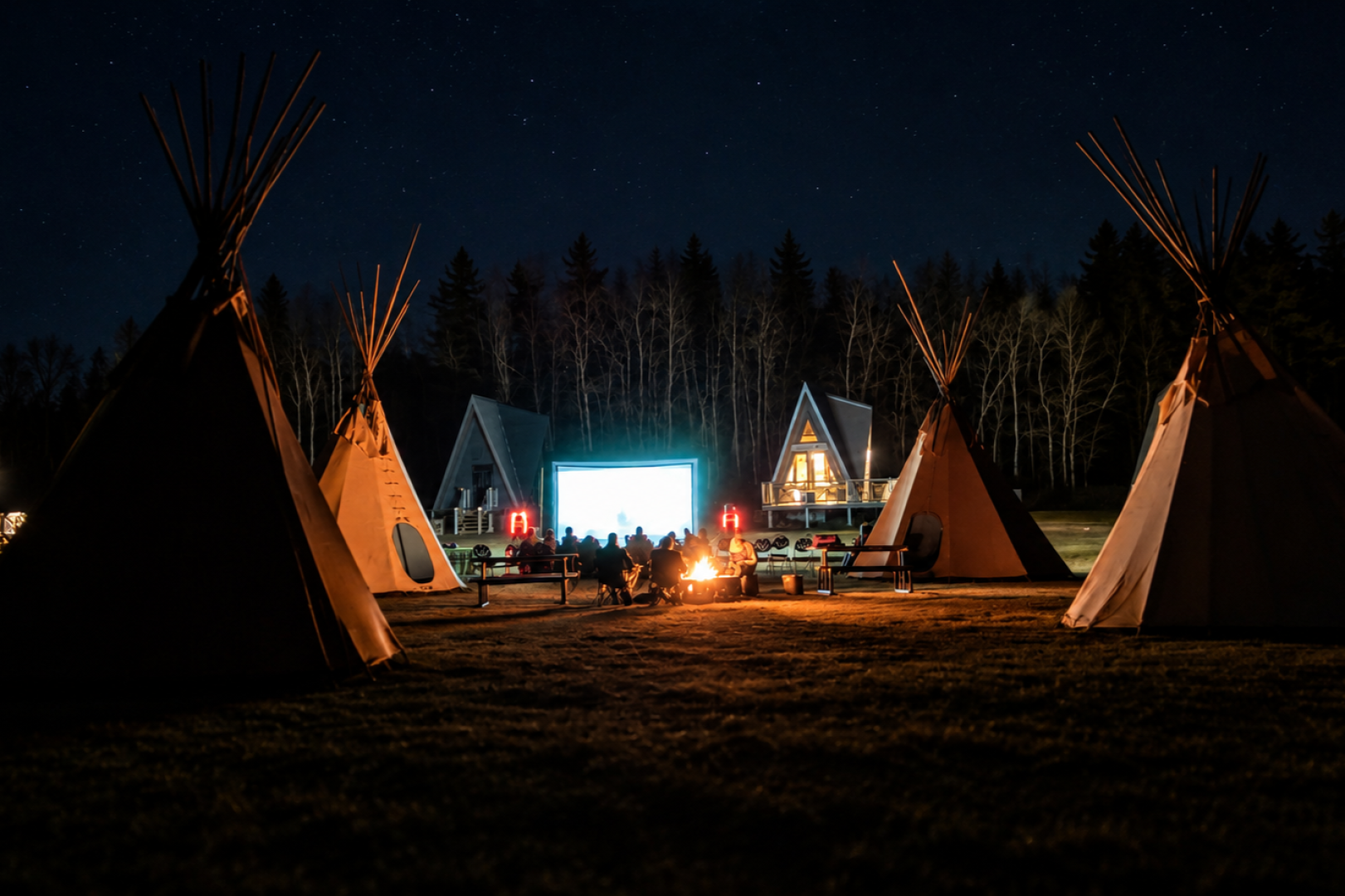 A night time photo with four tipis illuminated by a fire, and outdoor movie screen with people seated infront. Lodges with large triangular windows illuminated from indoors. 