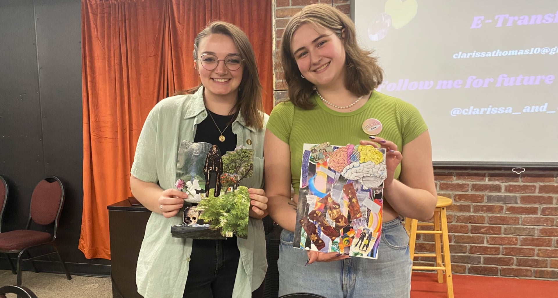 Two collage jam participants pose with their artworks crafting from collaging various materials. 