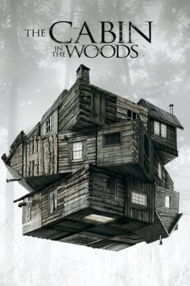 Image of a wood cabin twisted around like a rubix cube.