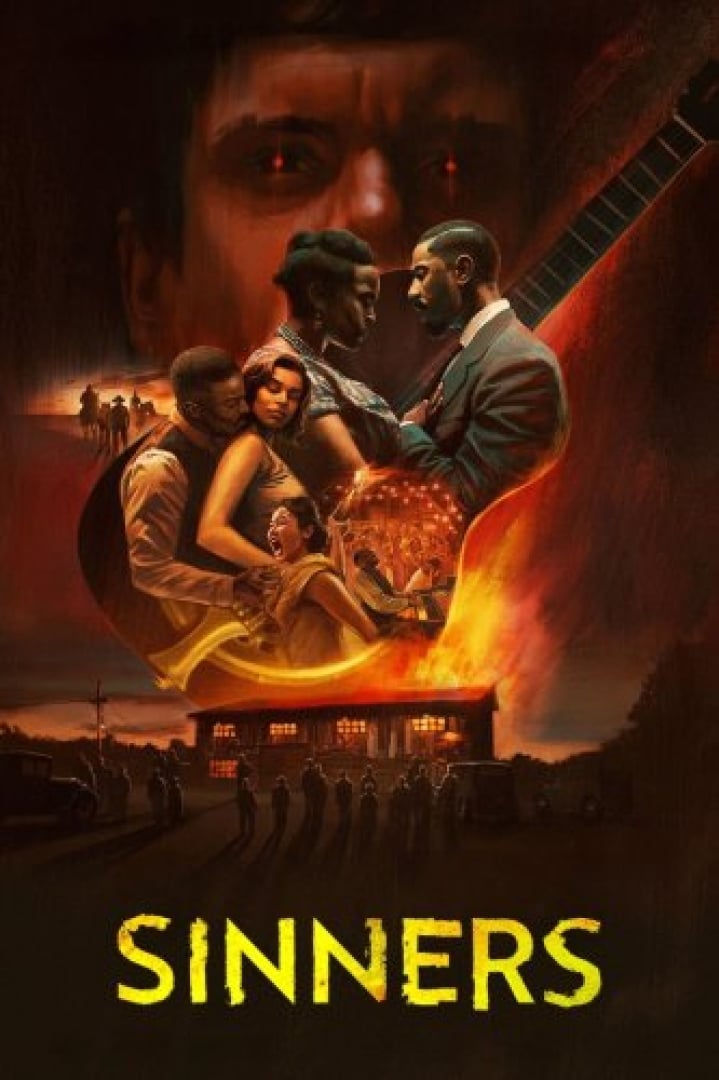 Image mashup from the movie Sinners, with Michael B. Jordan (ina duo role) dancing with both lead actresses and a guitar shaped around them and someone with red eyes.