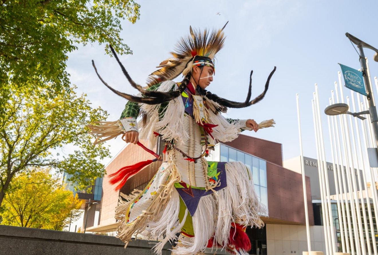 Indigenous dancer at Remai Modern